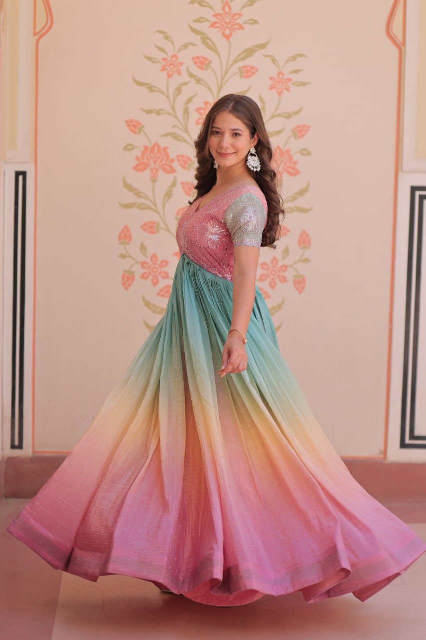 PUCE PINK COLOR GOLD CRUSH EMBROIDERED WORK GOWN