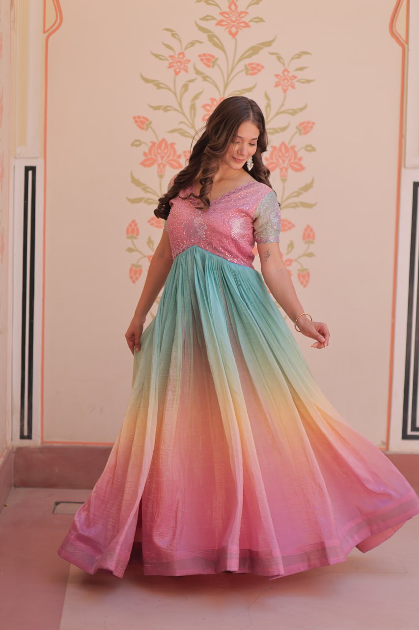 PUCE PINK COLOR GOLD CRUSH EMBROIDERED WORK GOWN