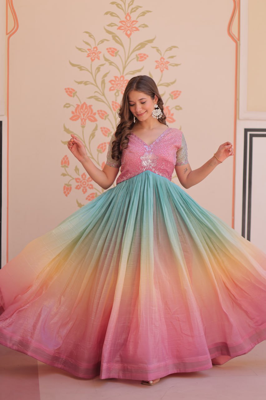 PUCE PINK COLOR GOLD CRUSH EMBROIDERED WORK GOWN