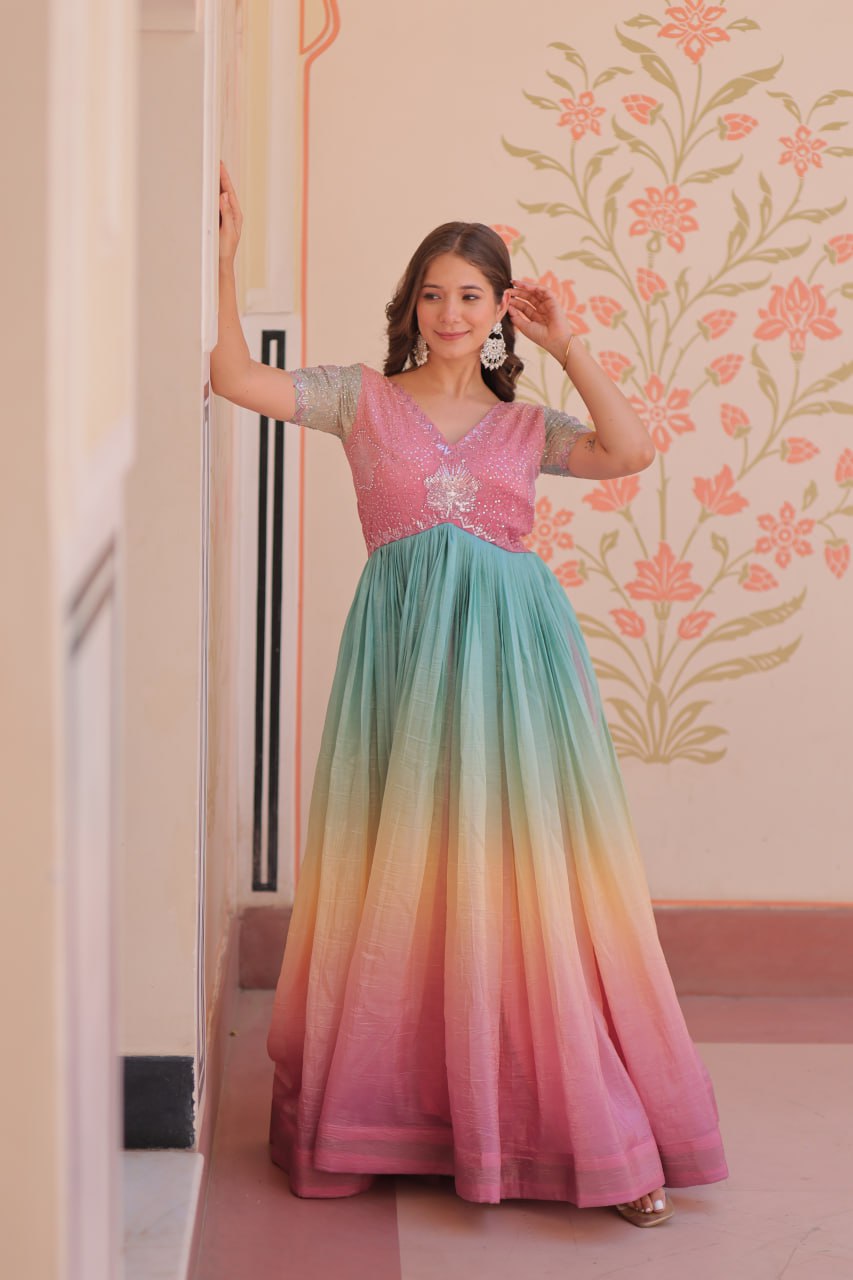 PUCE PINK COLOR GOLD CRUSH EMBROIDERED WORK GOWN