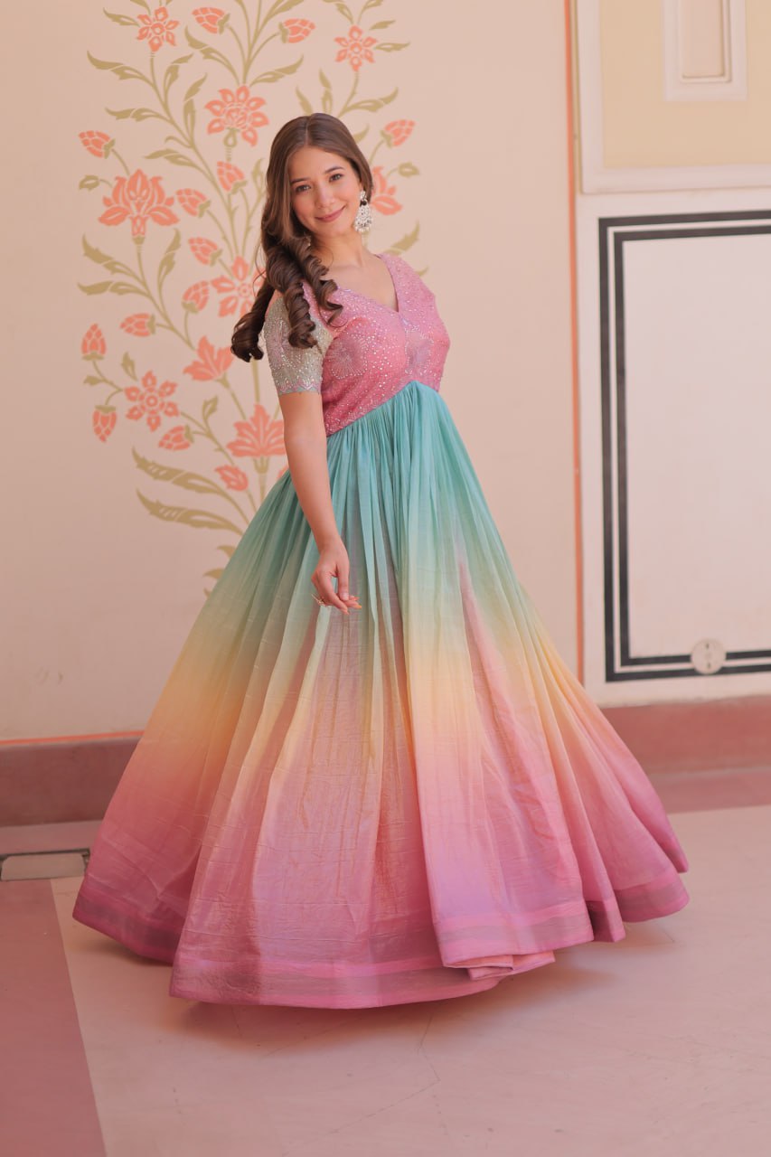 PUCE PINK COLOR GOLD CRUSH EMBROIDERED WORK GOWN