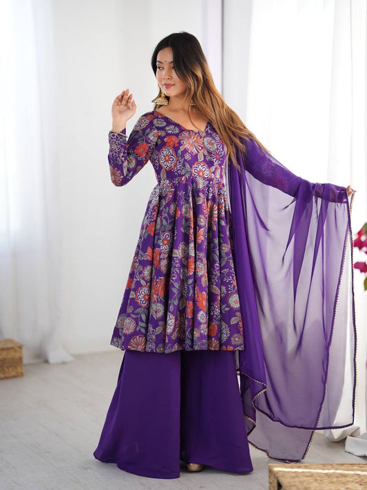 PURPLE COLOR ROMAN SILK BASE PRINTED PLAZZO SUIT SET OF 3