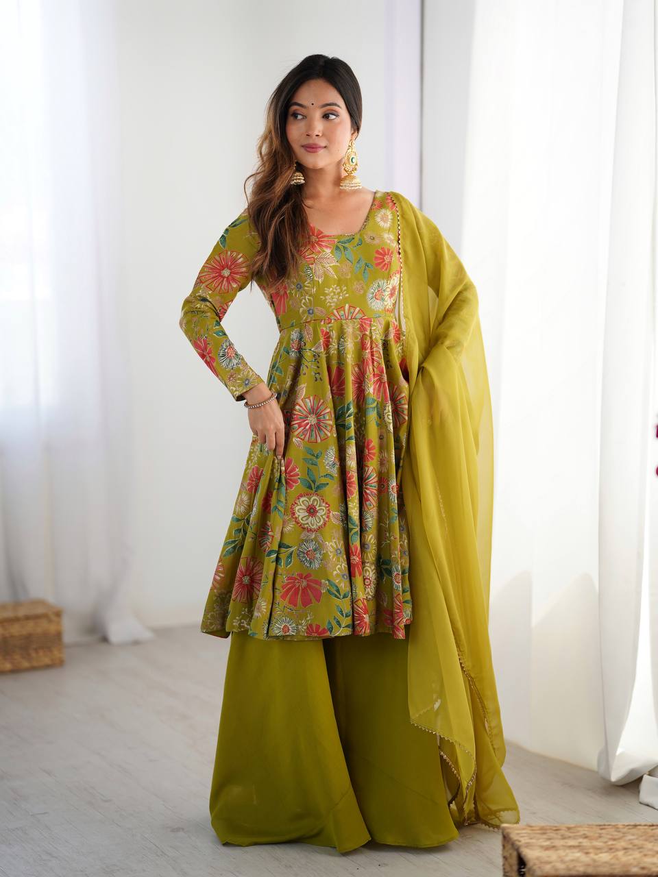 MEHENDI COLOR ROMAN SILK BASE PRINTED PLAZZO SUIT SET OF 3