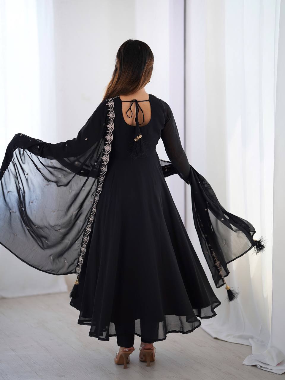 BLACK COLOR GEORGETTE EMBROIDERED ANARKALI SUIT SET OF 3