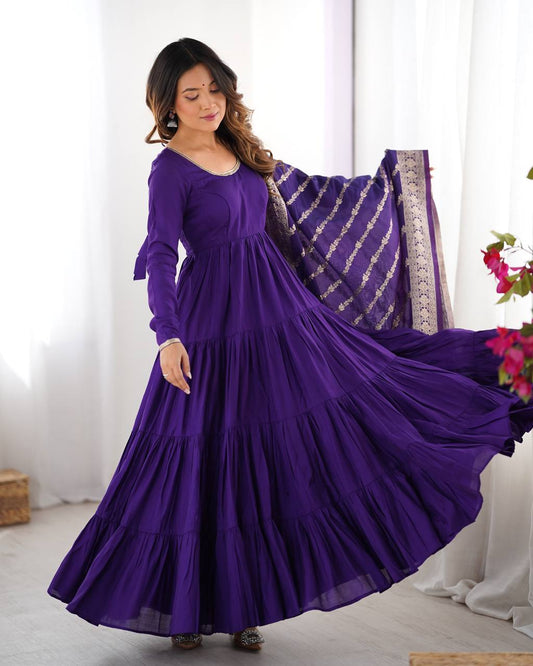 PURPLE COLOR PURE ROMAN SILK RUFFLE STYLE ANARKALI SUIT SET OF 3