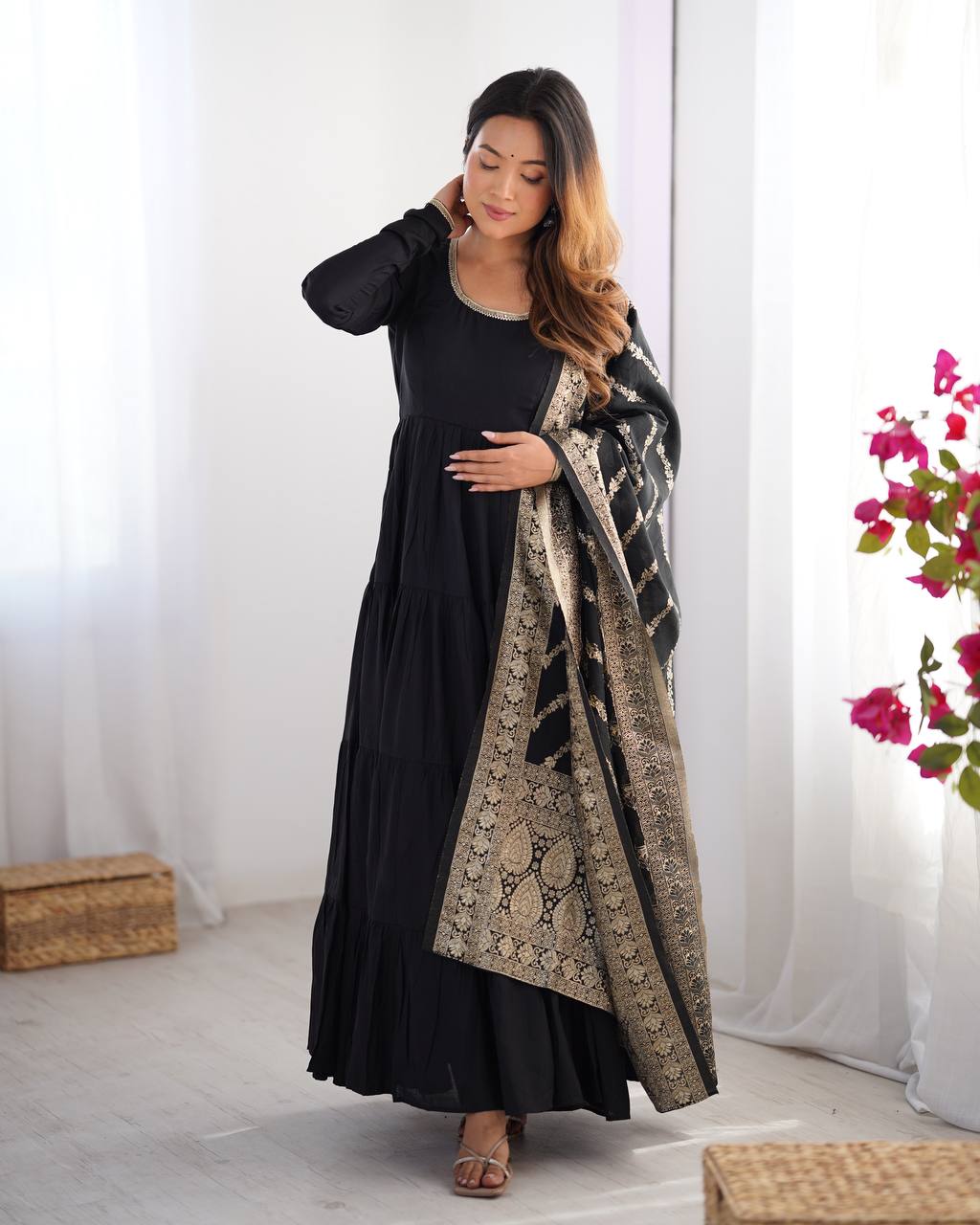 BLACK COLOR PURE ROMAN SILK RUFFLE STYLE ANARKALI SUIT SET OF 3