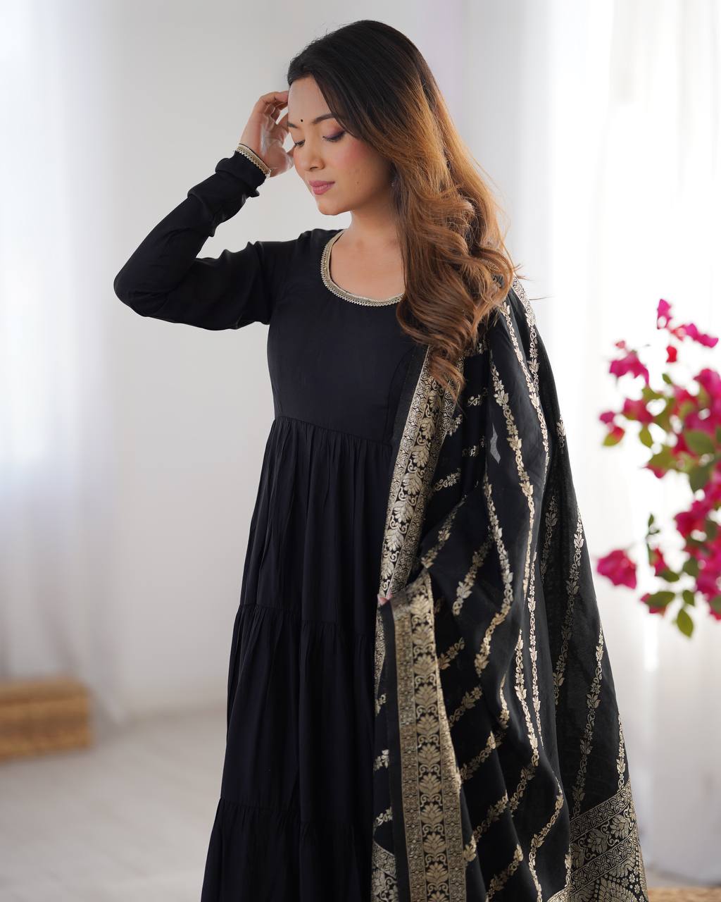 BLACK COLOR PURE ROMAN SILK RUFFLE STYLE ANARKALI SUIT SET OF 3