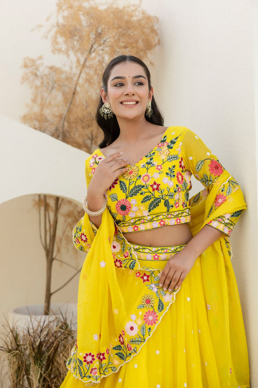 YELLOW COLOR SEQUENCE EMBROIDERY WORK DESIGNER LEHENGA CHOLI