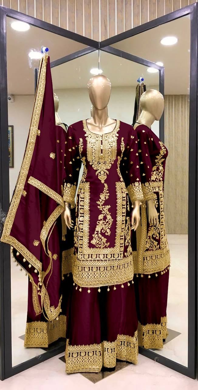PURE CHINNON SILK BASE HEAVY EMBROIDERY CODING DORI & SEQUENCE WORK SALWAR SUIT SET OF 3
