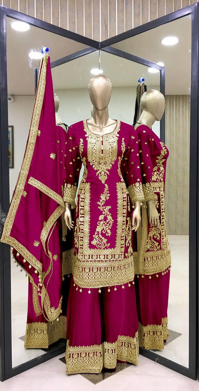PURE CHINNON SILK BASE HEAVY EMBROIDERY CODING DORI & SEQUENCE WORK SALWAR SUIT SET OF 3