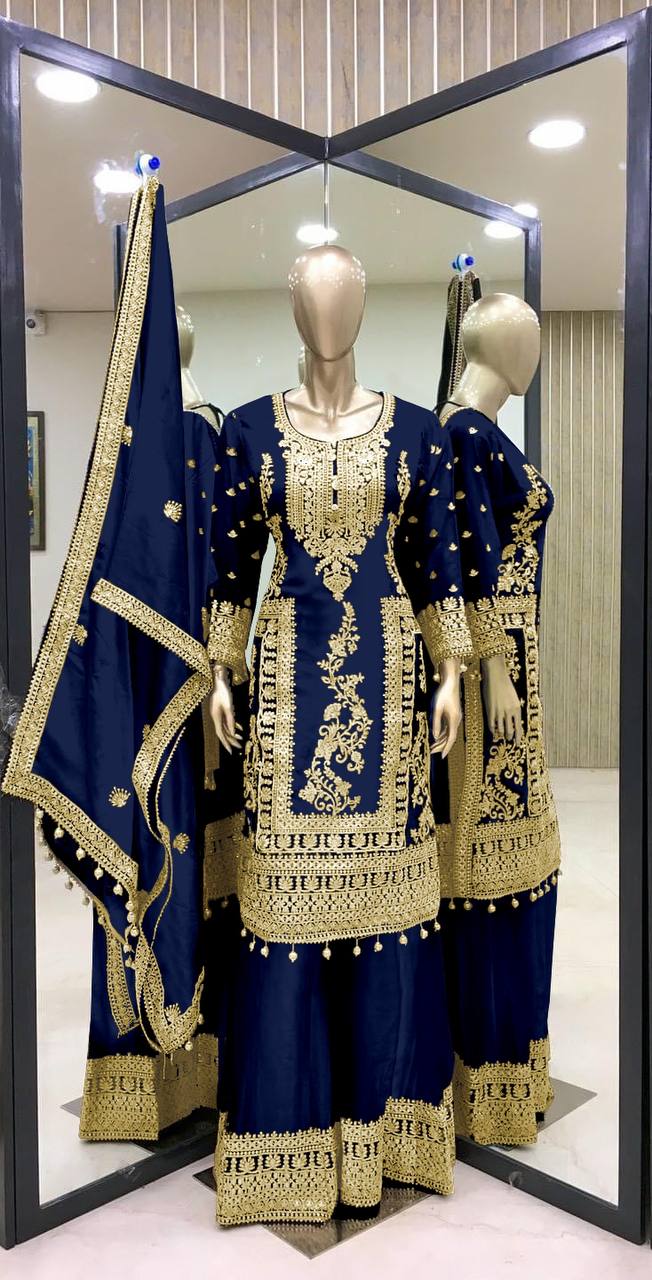 PURE CHINNON SILK BASE HEAVY EMBROIDERY CODING DORI & SEQUENCE WORK SALWAR SUIT SET OF 3