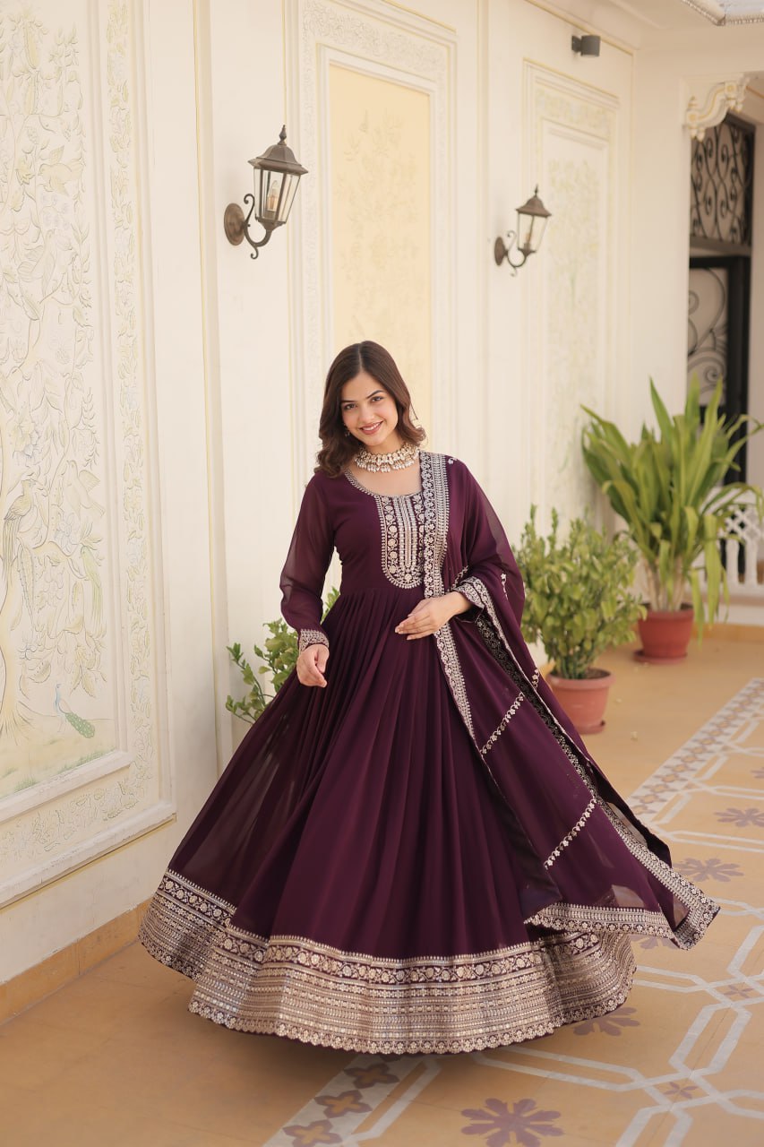 WINE COLOR FAUX BLOOMING RICH SEQUENCE EMBROIDERED GOWN