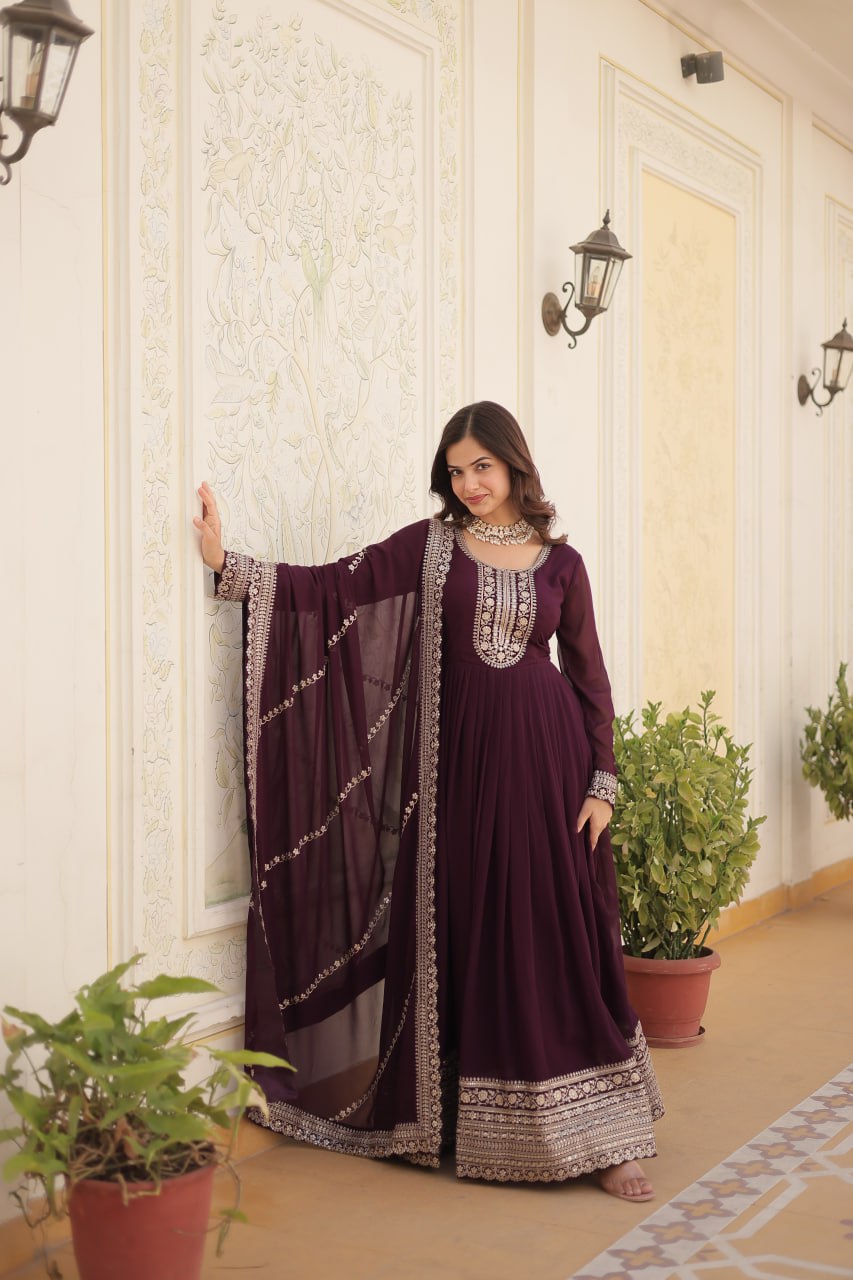 WINE COLOR FAUX BLOOMING RICH SEQUENCE EMBROIDERED GOWN