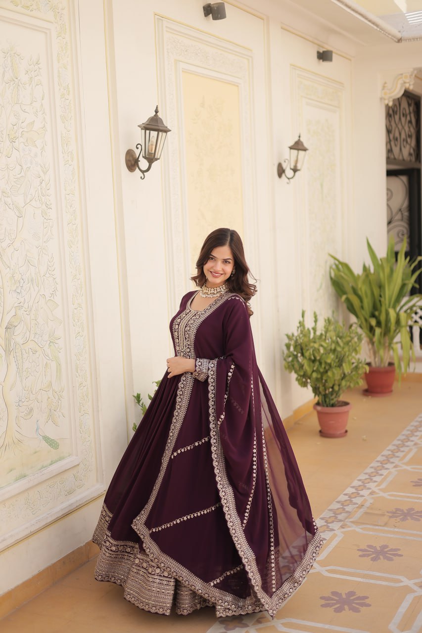 WINE COLOR FAUX BLOOMING RICH SEQUENCE EMBROIDERED GOWN