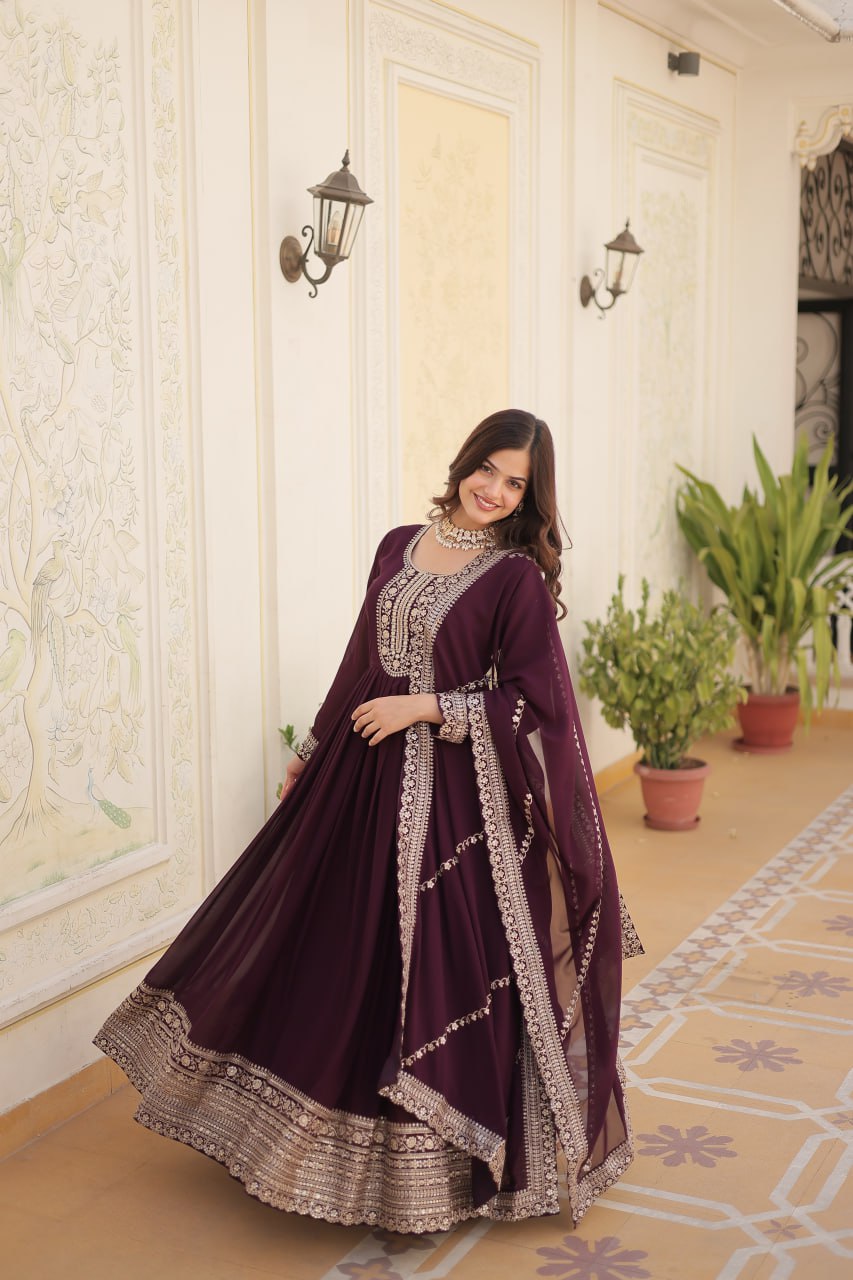 WINE COLOR FAUX BLOOMING RICH SEQUENCE EMBROIDERED GOWN