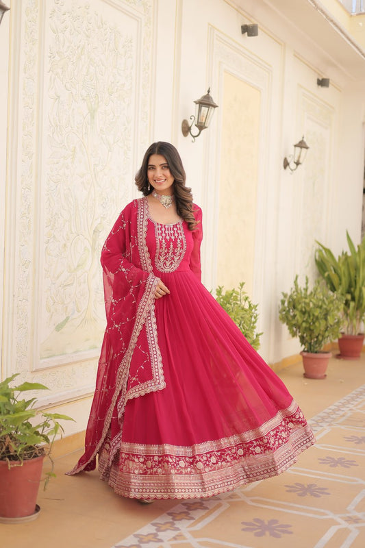 PINK COLOR FAUX BLOOMING RICH SEQUENCE EMBROIDERED GOWN