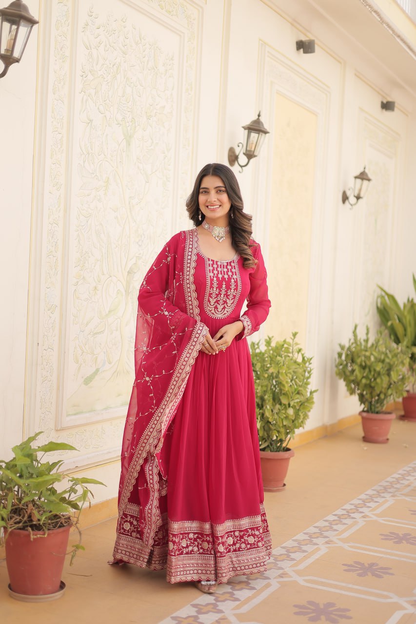 PINK COLOR FAUX BLOOMING RICH SEQUENCE EMBROIDERED GOWN
