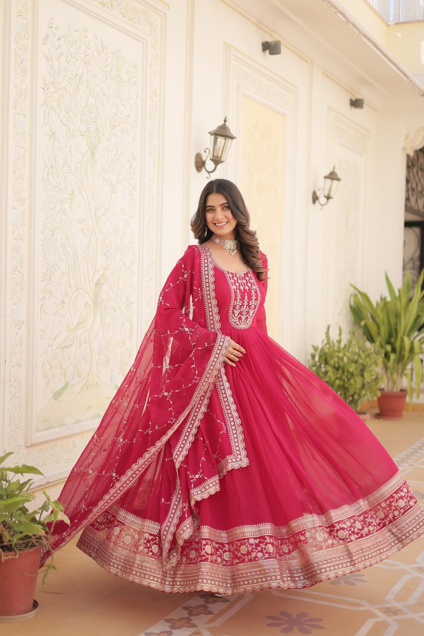 PINK COLOR FAUX BLOOMING RICH SEQUENCE EMBROIDERED GOWN