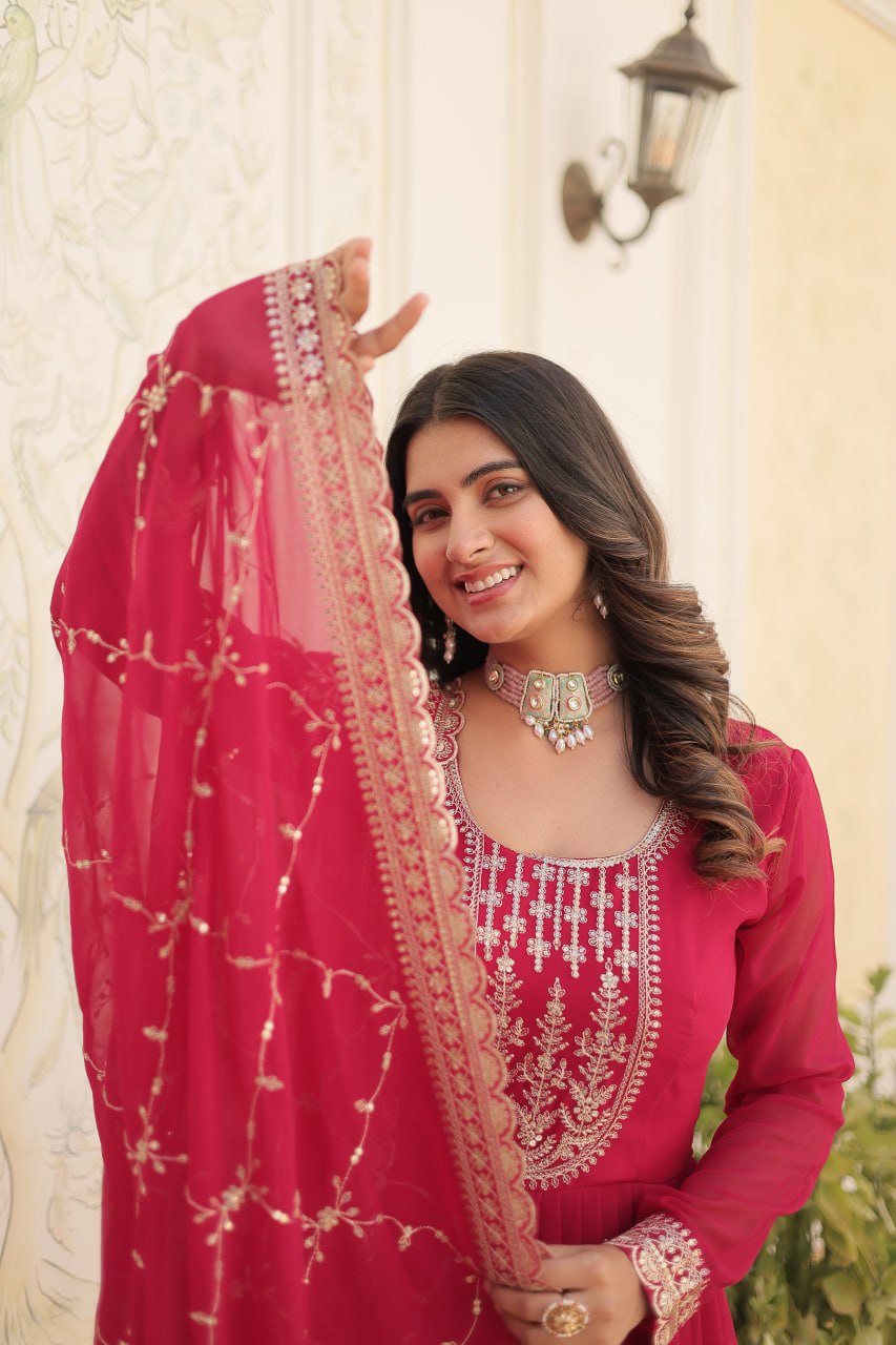 PINK COLOR FAUX BLOOMING RICH SEQUENCE EMBROIDERED GOWN