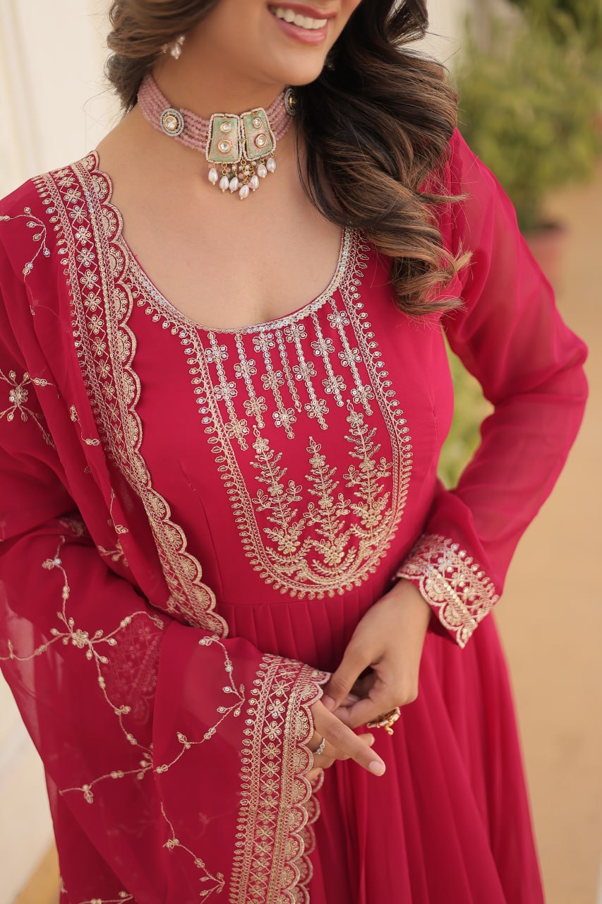 PINK COLOR FAUX BLOOMING RICH SEQUENCE EMBROIDERED GOWN