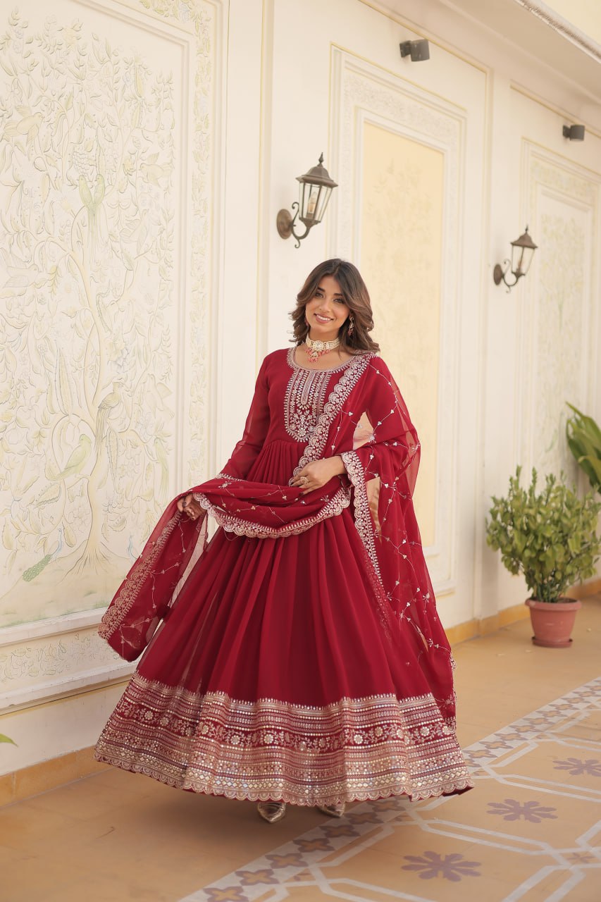 MAROON COLOR FAUX BLOOMING RICH SEQUENCE EMBROIDERED GOWN