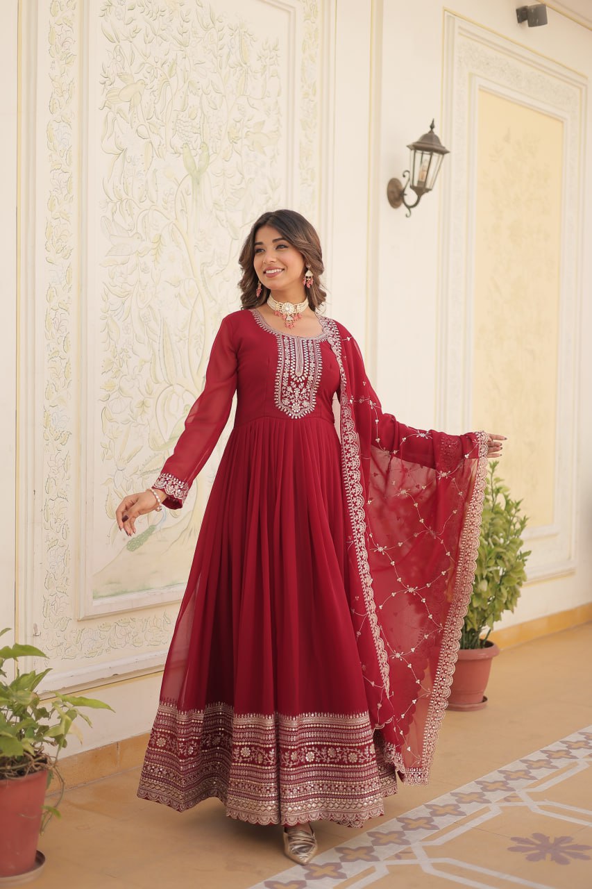MAROON COLOR FAUX BLOOMING RICH SEQUENCE EMBROIDERED GOWN