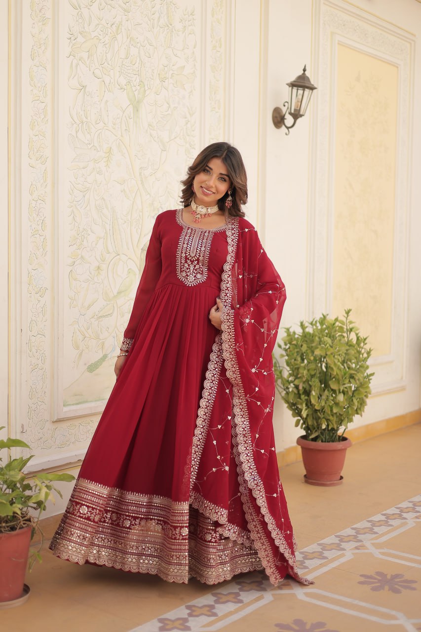 MAROON COLOR FAUX BLOOMING RICH SEQUENCE EMBROIDERED GOWN