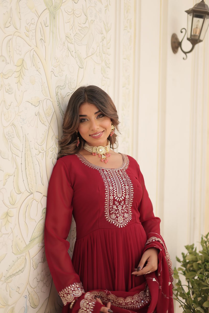 MAROON COLOR FAUX BLOOMING RICH SEQUENCE EMBROIDERED GOWN