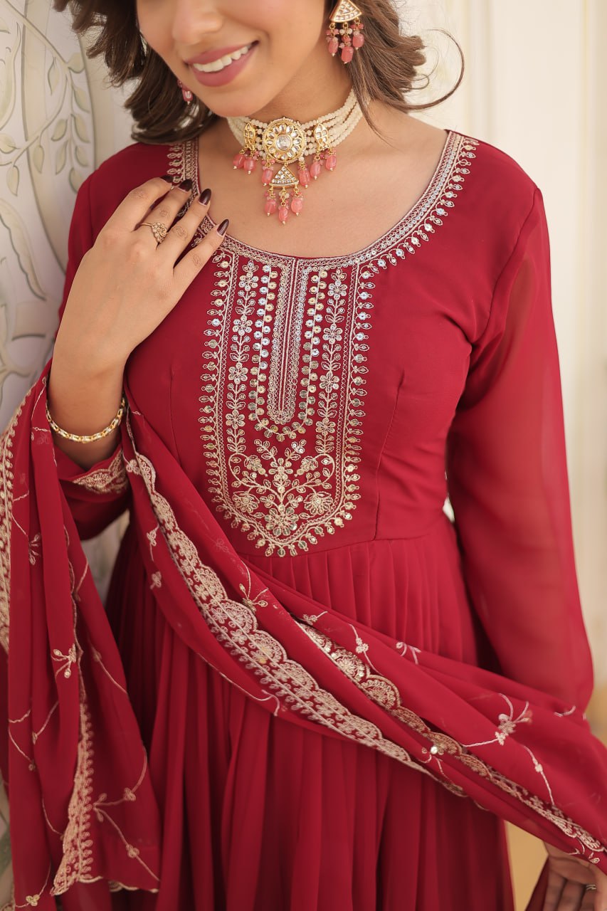 MAROON COLOR FAUX BLOOMING RICH SEQUENCE EMBROIDERED GOWN
