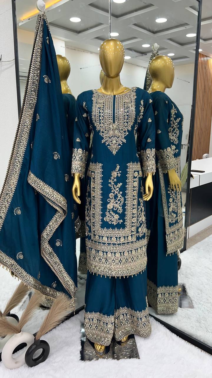 PURE CHINNON SILK BASE HEAVY EMBROIDERY CODING DORI & SEQUENCE WORK SALWAR SUIT SET OF 3