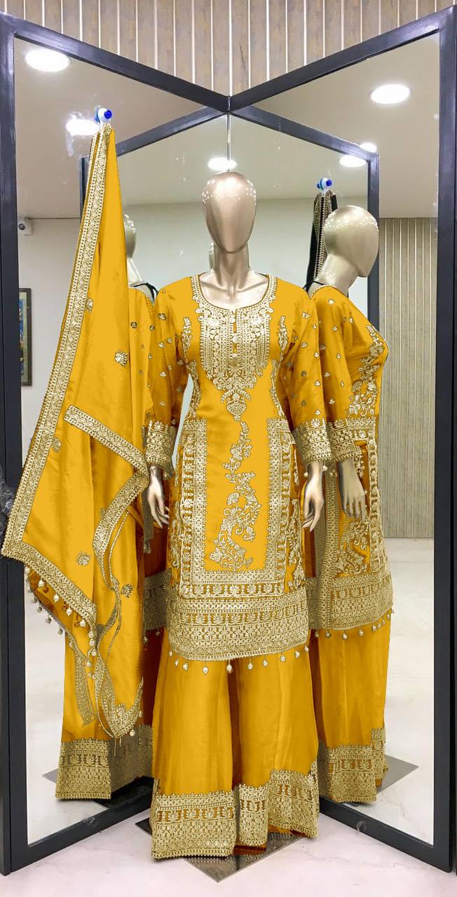 PURE CHINNON SILK BASE HEAVY EMBROIDERY CODING DORI & SEQUENCE WORK SALWAR SUIT SET OF 3