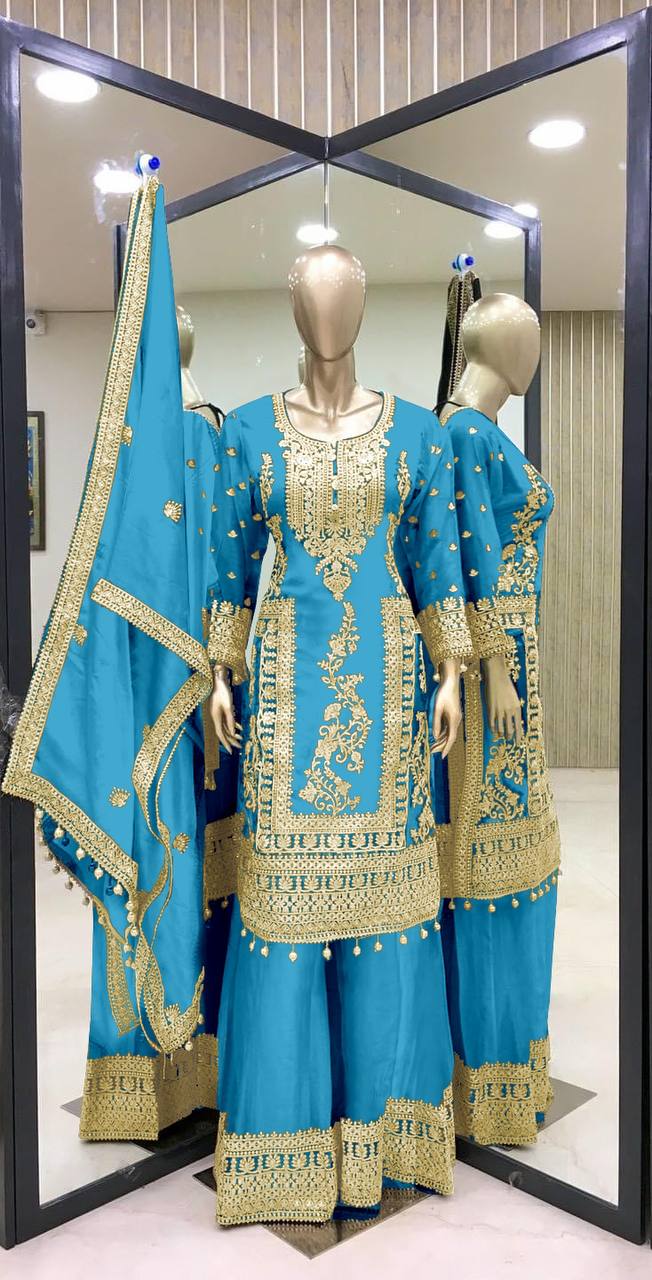PURE CHINNON SILK BASE HEAVY EMBROIDERY CODING DORI & SEQUENCE WORK SALWAR SUIT SET OF 3