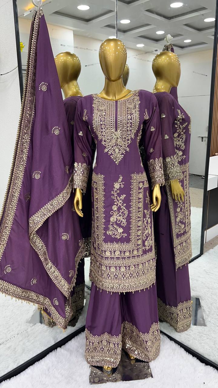 PURE CHINNON SILK BASE HEAVY EMBROIDERY CODING DORI & SEQUENCE WORK SALWAR SUIT SET OF 3