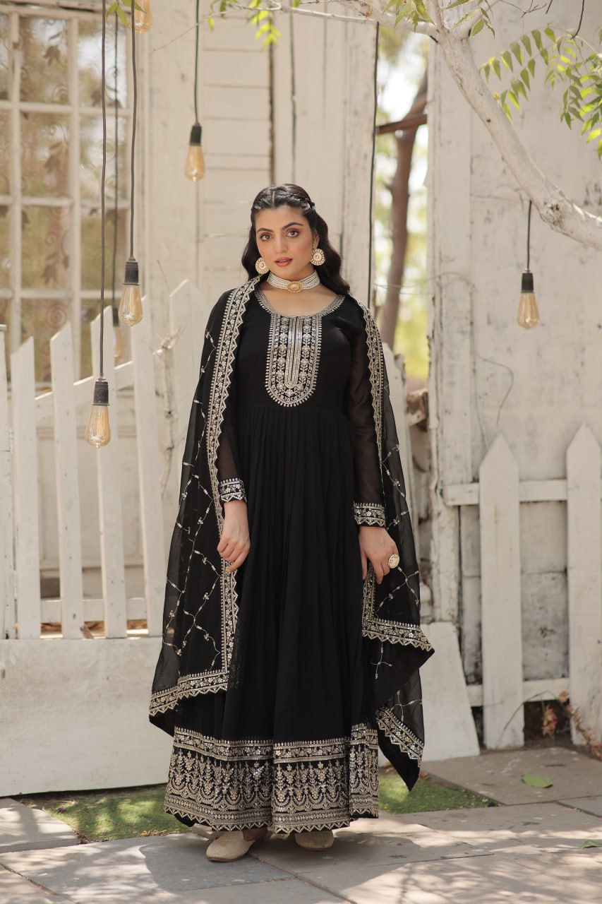 BLACK COLOR FAUX BLOOMING RICH SEQUENCE EMBROIDERED GOWN