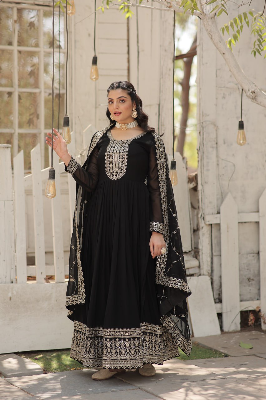 BLACK COLOR FAUX BLOOMING RICH SEQUENCE EMBROIDERED GOWN