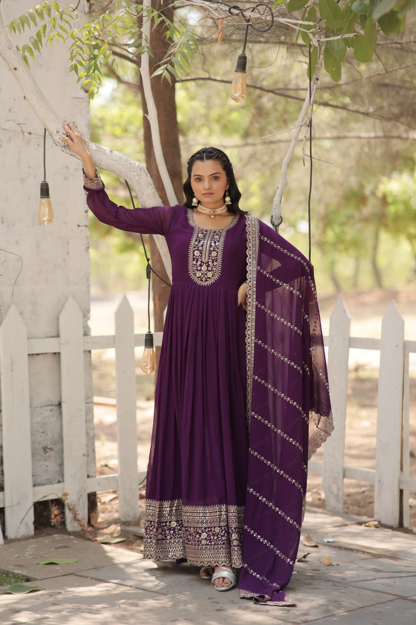 PURPLE COLOR FAUX BLOOMING RICH SEQUENCE EMBROIDERED GOWN