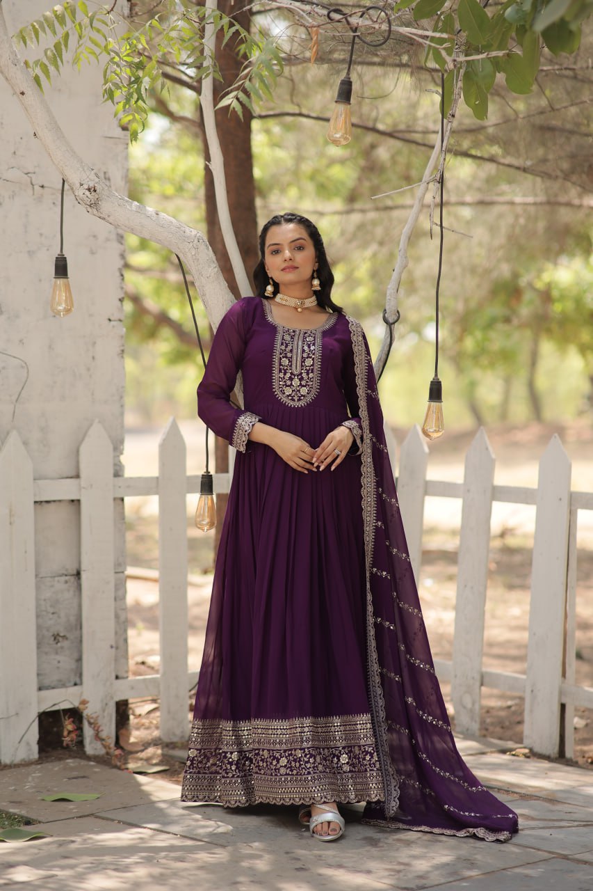 PURPLE COLOR FAUX BLOOMING RICH SEQUENCE EMBROIDERED GOWN
