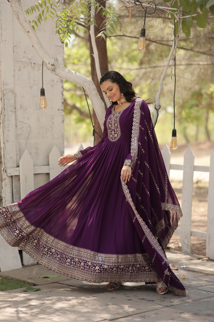 PURPLE COLOR FAUX BLOOMING RICH SEQUENCE EMBROIDERED GOWN