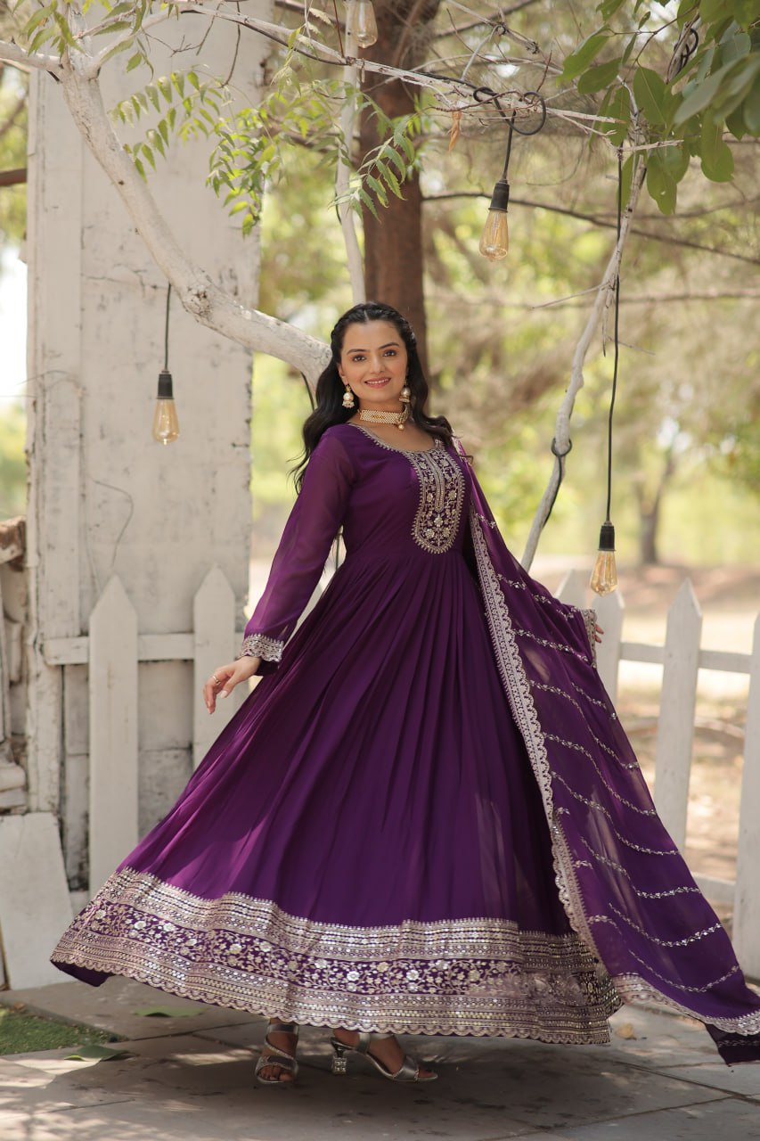 PURPLE COLOR FAUX BLOOMING RICH SEQUENCE EMBROIDERED GOWN
