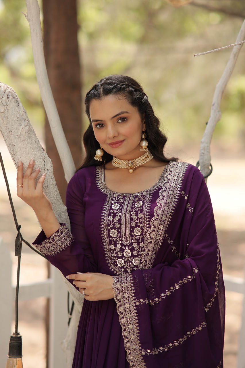 PURPLE COLOR FAUX BLOOMING RICH SEQUENCE EMBROIDERED GOWN