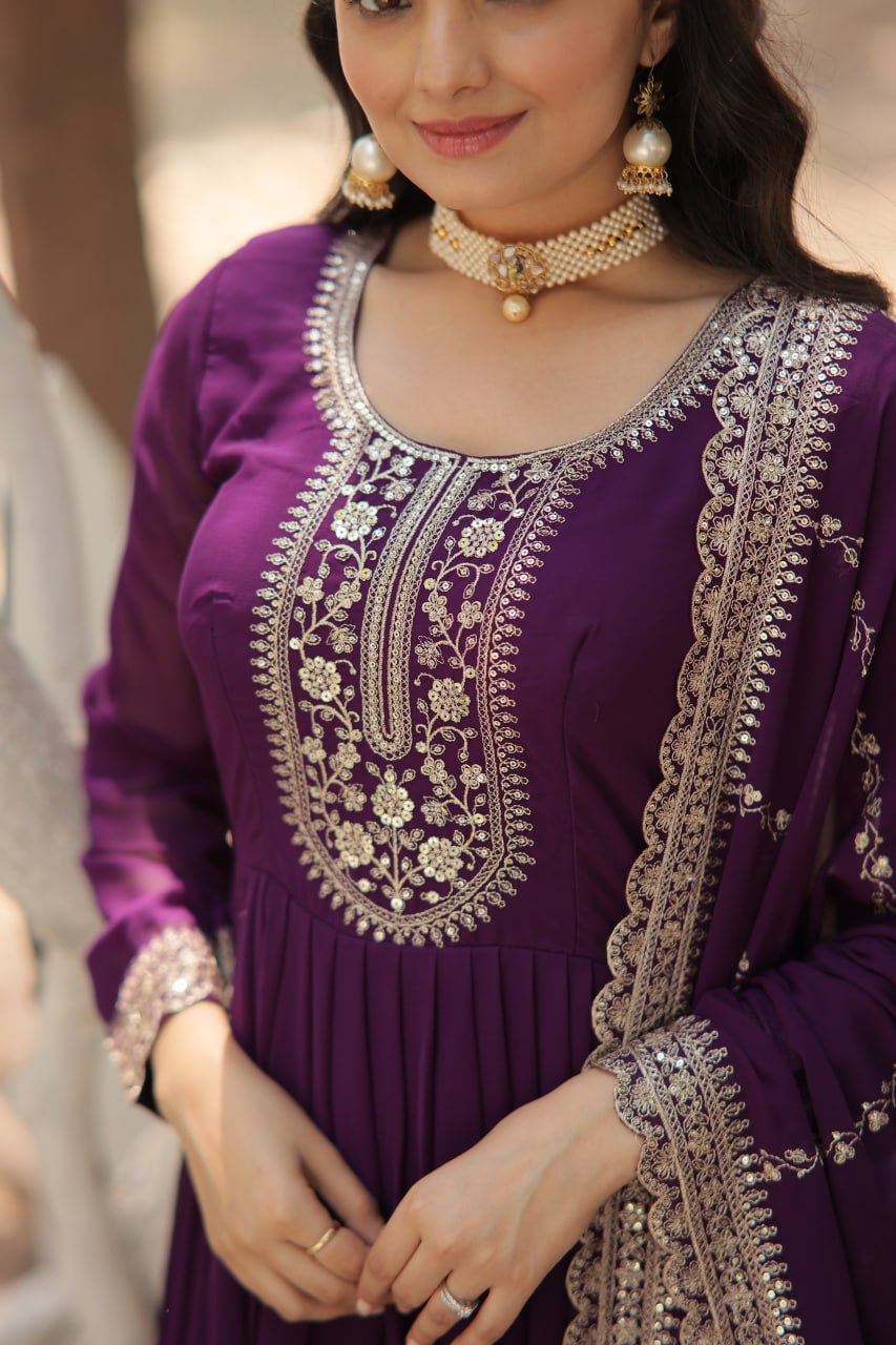 PURPLE COLOR FAUX BLOOMING RICH SEQUENCE EMBROIDERED GOWN
