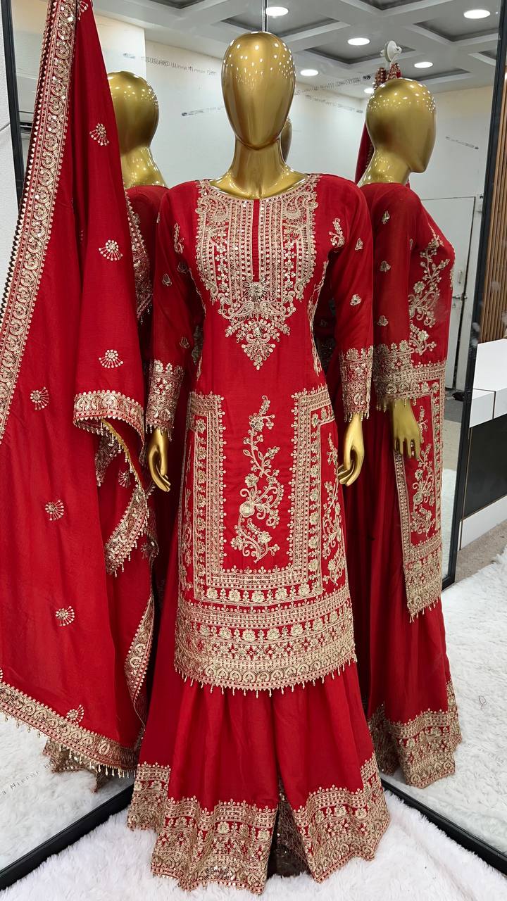 PURE CHINNON SILK BASE HEAVY EMBROIDERY CODING DORI & SEQUENCE WORK SALWAR SUIT SET OF 3