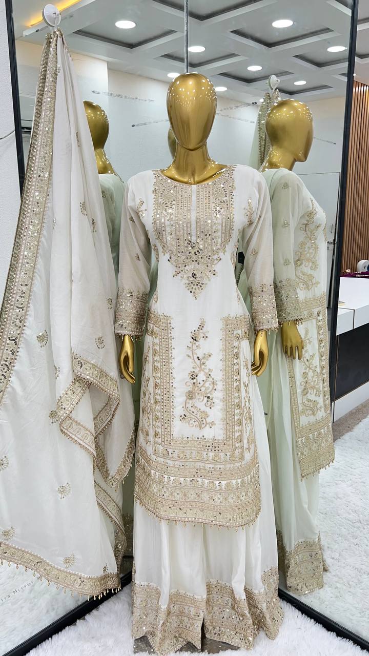 PURE CHINNON SILK BASE HEAVY EMBROIDERY CODING DORI & SEQUENCE WORK SALWAR SUIT SET OF 3