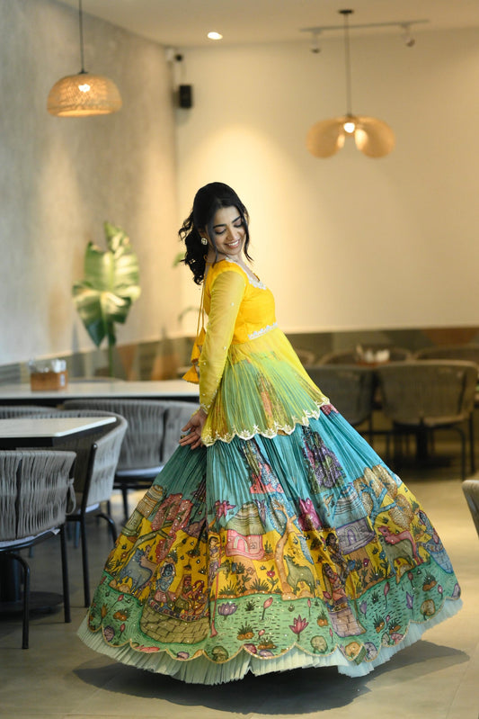 YELLOW AND BLUE KALAMKARI LEHENGA