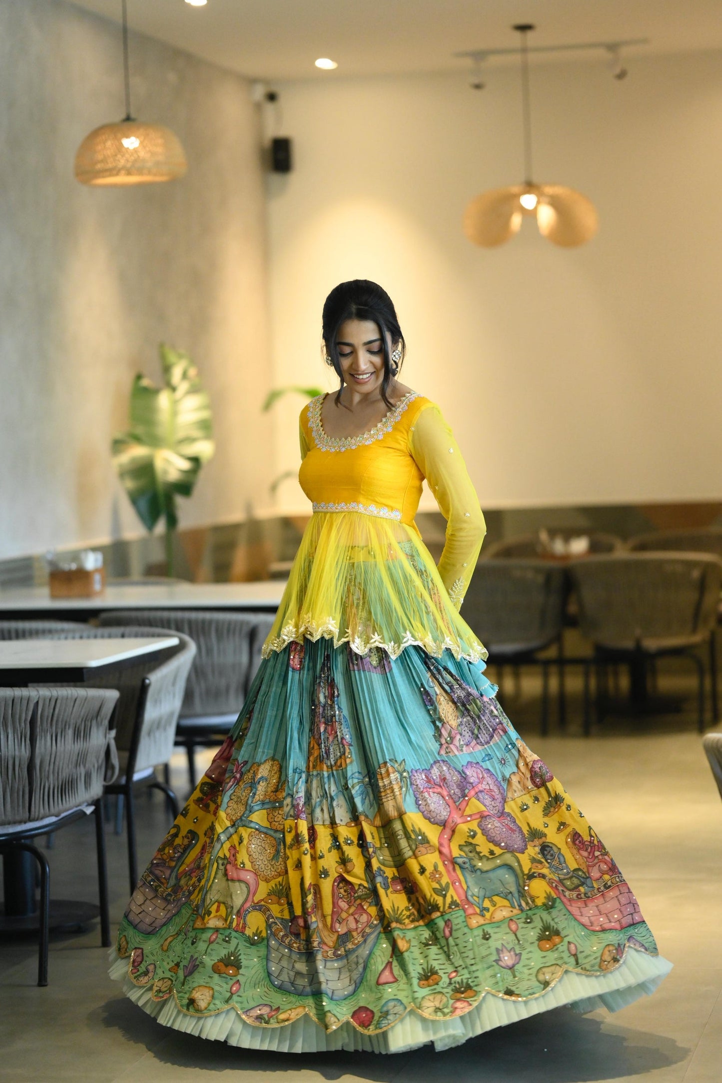 YELLOW AND BLUE KALAMKARI LEHENGA