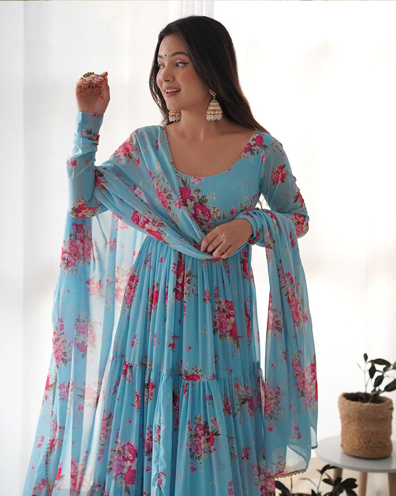 SKY BLUE COLOR GEORGETTE THREE LAYER RUFFLE STYLE ANARKALI SUIT SET OF 3