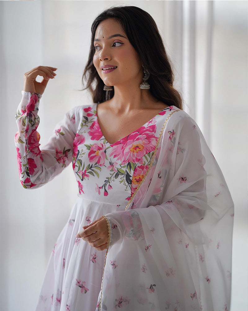 WHITE ORGANZA SILK FLORAL PRINT ANARKALI SUIT SET OF 3