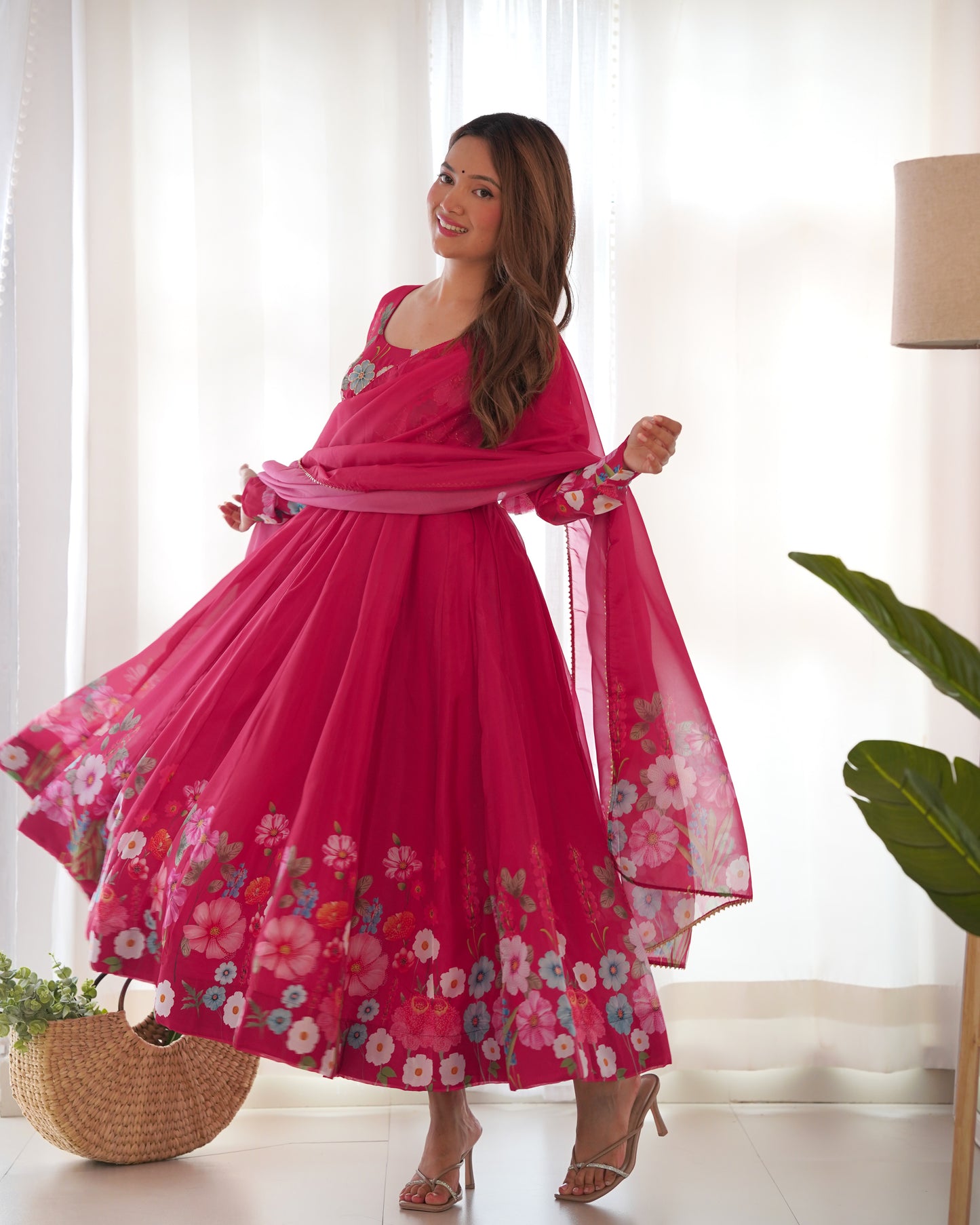 RANI PINK COLOR FLORAL PRINT ORGANZA ANARKALI SUIT SET OF 3