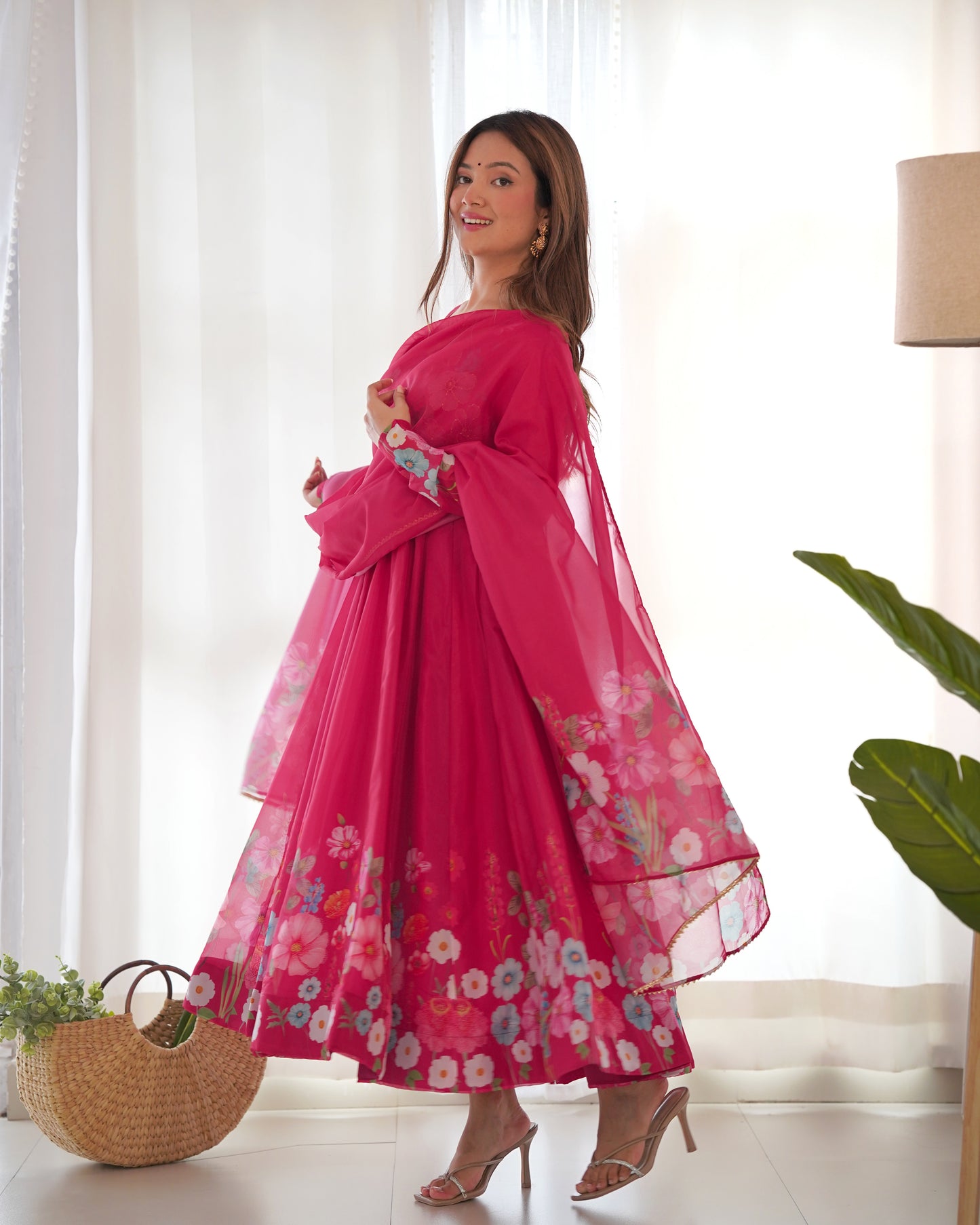 RANI PINK COLOR FLORAL PRINT ORGANZA ANARKALI SUIT SET OF 3