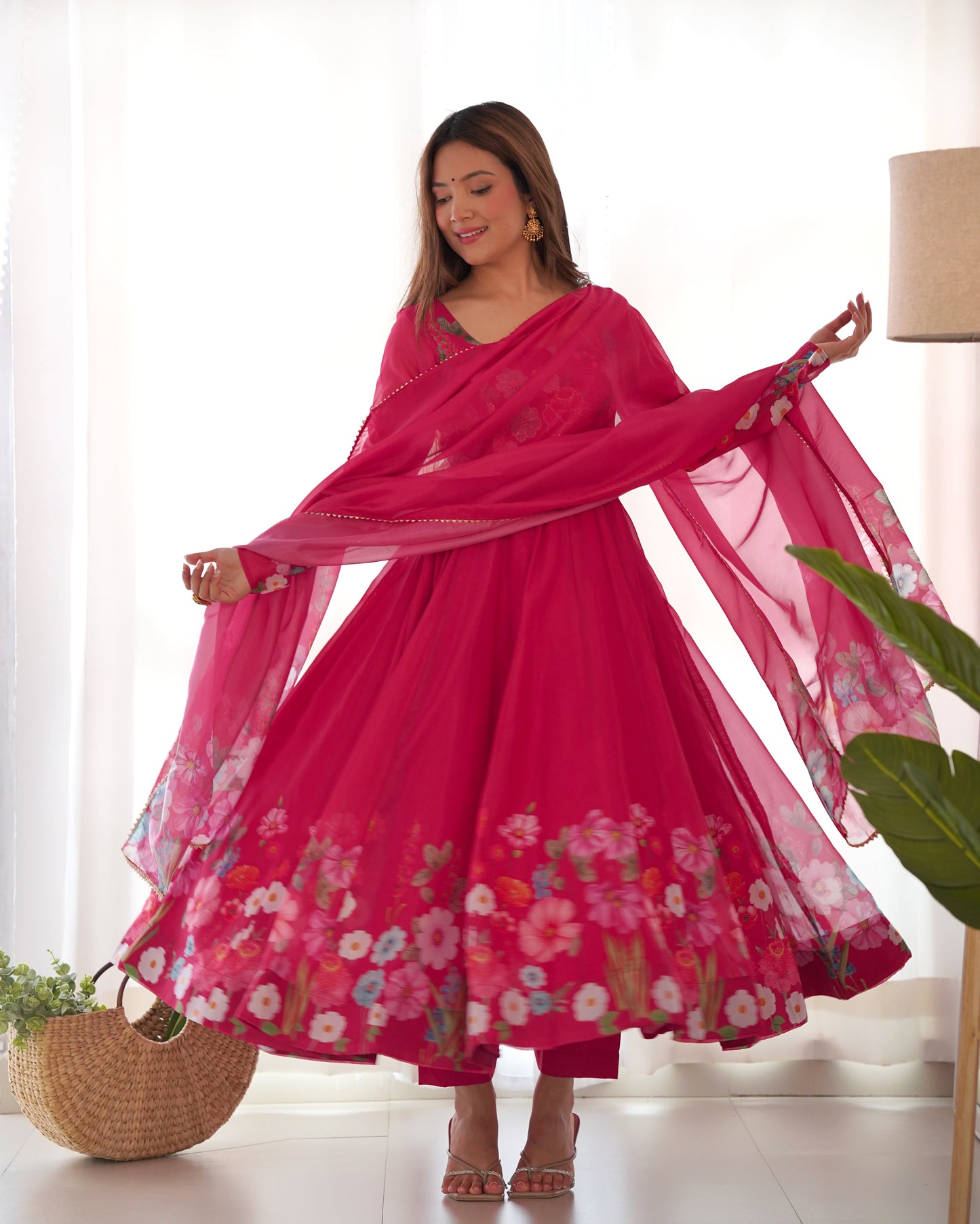 RANI PINK COLOR FLORAL PRINT ORGANZA ANARKALI SUIT SET OF 3